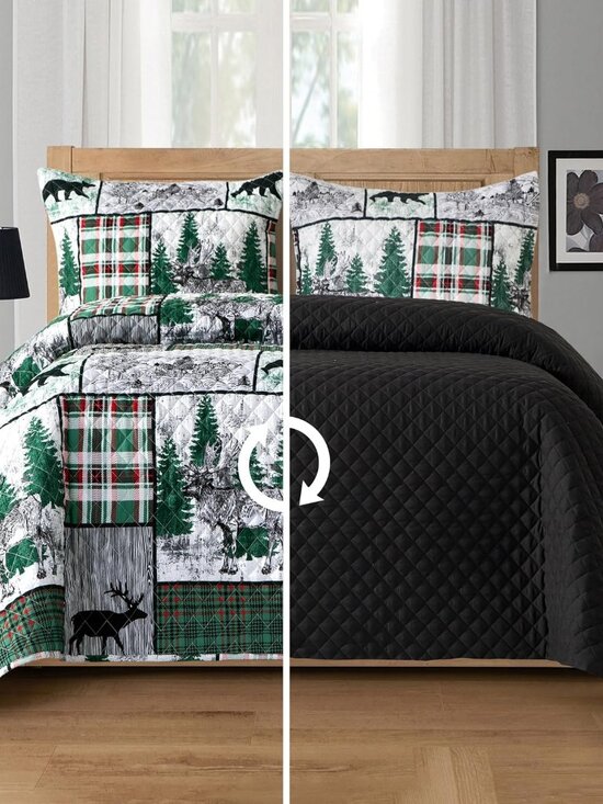 Other - 3-Piece Holiday Rustic Plaid Patchwork Reversible Quilt - Soft Bedspread with Ma